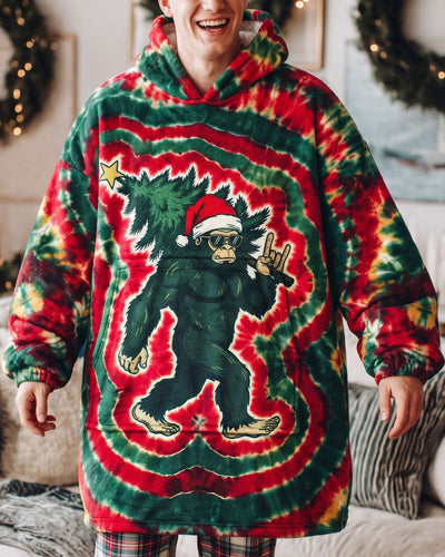 SANTA BIGFOOT WITH CHRISTMAS TREE SWIRL FLEECE BLANKET HOODIE  - TLTW2810263