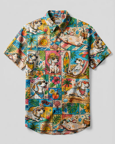 TROPICAL PLAYFUL DACHSHUND DOG BUTTON-DOWN COLLAR SHIRT - TLHN2807261