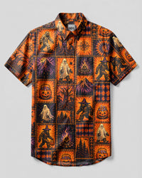 SPOOKY BIGFOOT  HALLOWEEN PATCHWORK BUTTON-DOWN COLLAR SHIRT - TLHN2307262