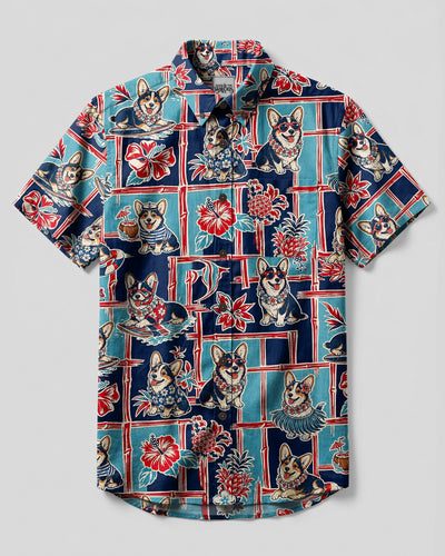 SUMMER CORGI DOG PATCHWORK BUTTON-DOWN COLLAR SHIRT - TLHN0408263