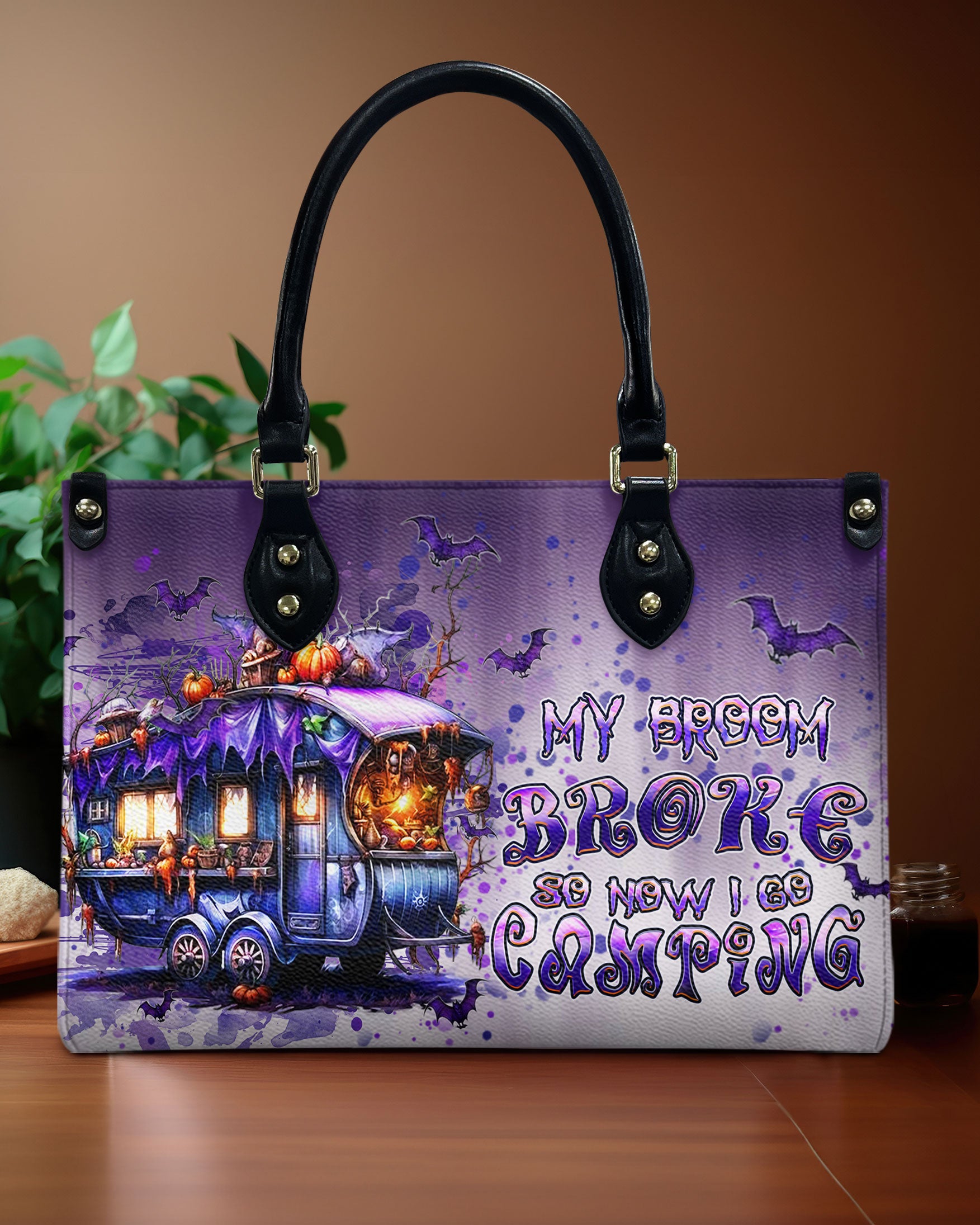 MY BROOM BROKE CAMPING HALLOWEEN LEATHER HANDBAG - YHHN1109244