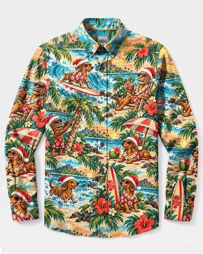 CHRISTMAS ALOHA DACHSHUND PARADISE LONG SLEEVE BUTTON-DOWN SHIRT - YHHN0910262