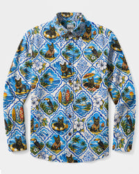 TROPICAL PARADISE FRENCH BULLDOG  PATCHWORK LONG SLEEVE BUTTON-DOWN SHIRT - TLHN2808264