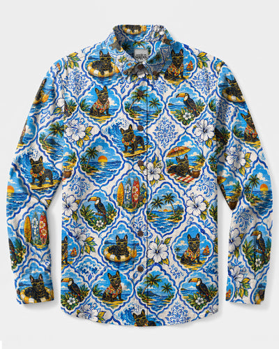 TROPICAL PARADISE FRENCH BULLDOG  PATCHWORK LONG SLEEVE BUTTON-DOWN SHIRT - TLHN2808264