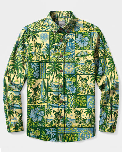 CHIHUAHUA DOG SUMMER ESCAPE PATCHWORK LONG SLEEVE BUTTON-DOWN SHIRT  - TLHN1808267