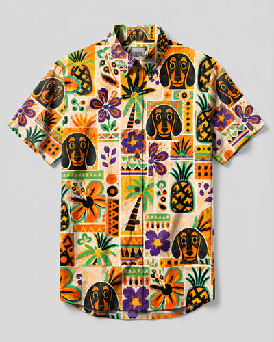 TROPICAL DACHSHUND DOG PATCHWORK BUTTON-DOWN COLLAR SHIRT - TLHN0708261