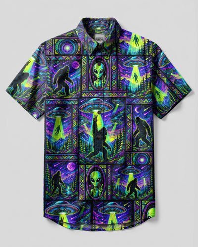 NEON COSMIC BIGFOOT ALIEN PATCHWORK BUTTON-DOWN COLLAR SHIRT - TLHN2408261