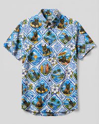 TROPICAL PARADISE FRENCH BULLDOG  PATCHWORK BUTTON-DOWN COLLAR SHIRT - TLHN2808262