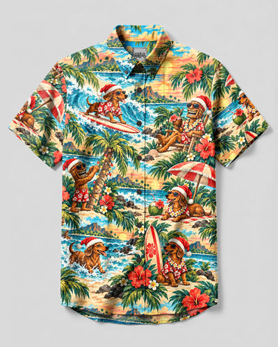 CHRISTMAS ALOHA DACHSHUND PARADISE BUTTON-DOWN COLLAR SHIRT - YHHN0910261