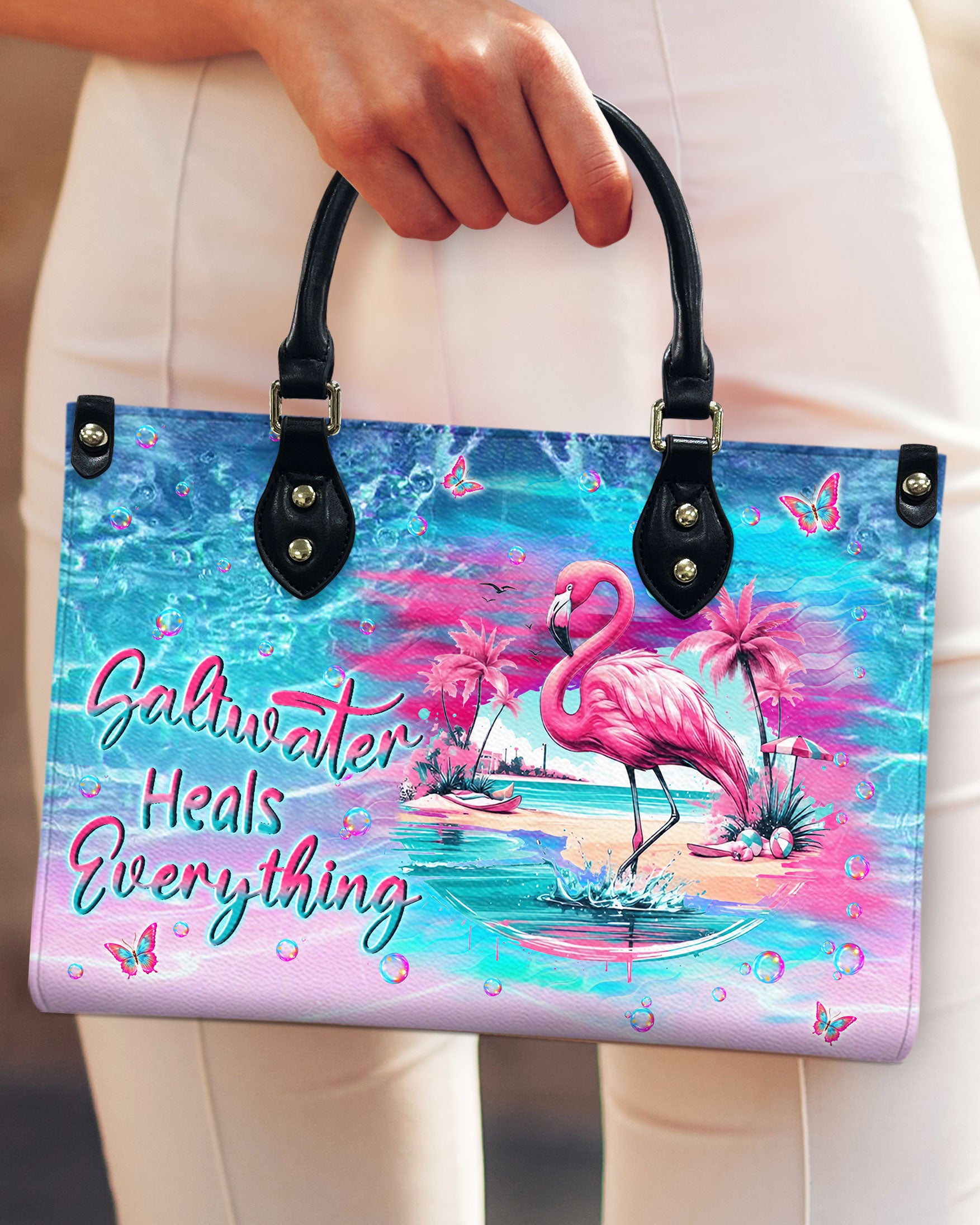 SALTWATER HEALS EVERYTHING FLAMINGO LEATHER HANDBAG - YHLN0212244