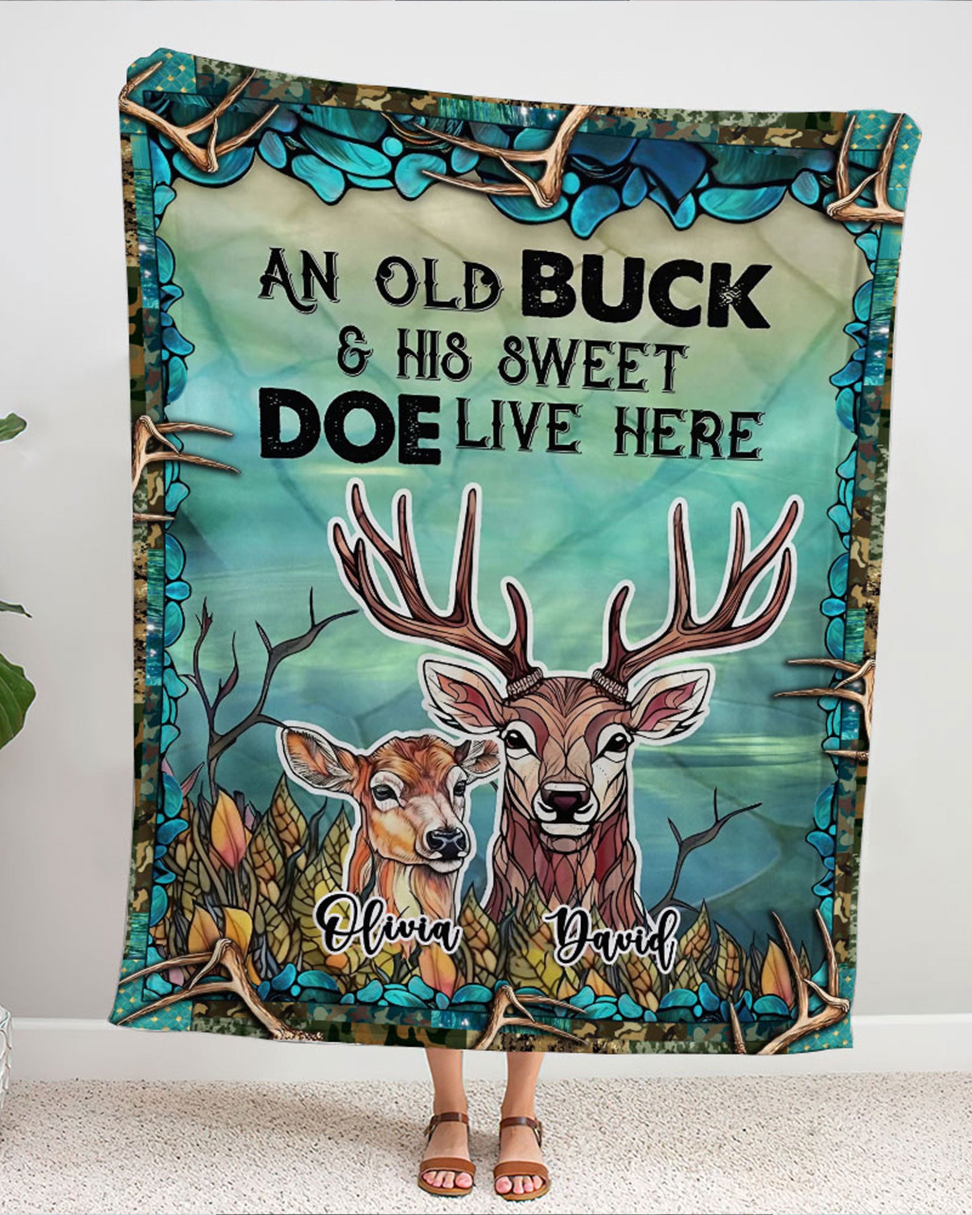 PERSONALIZED LIVE HERE COUPLE DEER FLEECE BLANKET - YHLT2201254