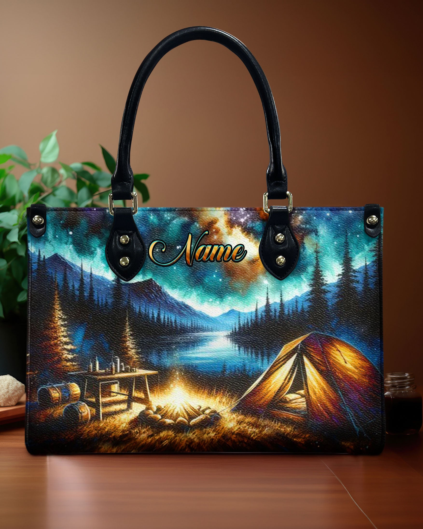 CAMPING SCENE UNDER STARRY NIGHT SKY LEATHER HANDBAG - YHHN1911244