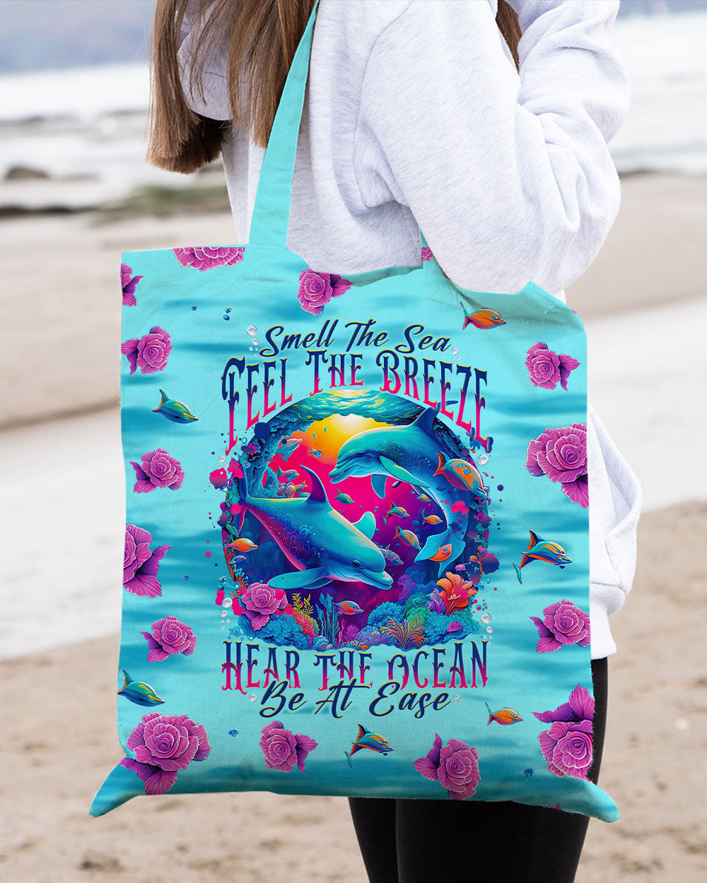 SMELL THE SEA FEEL THE BREEZE DOLPHIN TOTE BAG - TLNT0809235