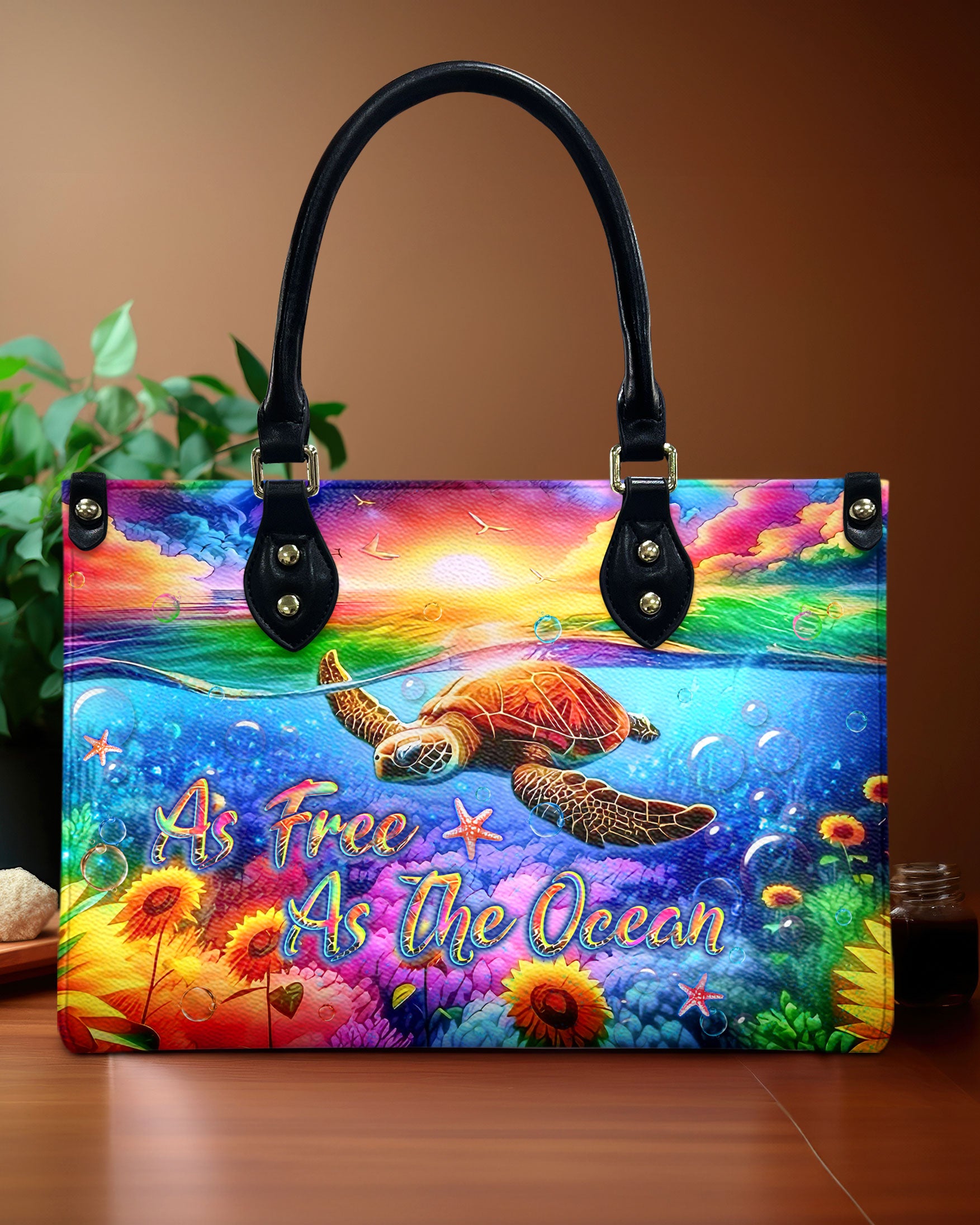 AS FREE AS THE OCEAN TURTLE SUNFLOWERS LEATHER HANDBAG - YHLT1507241