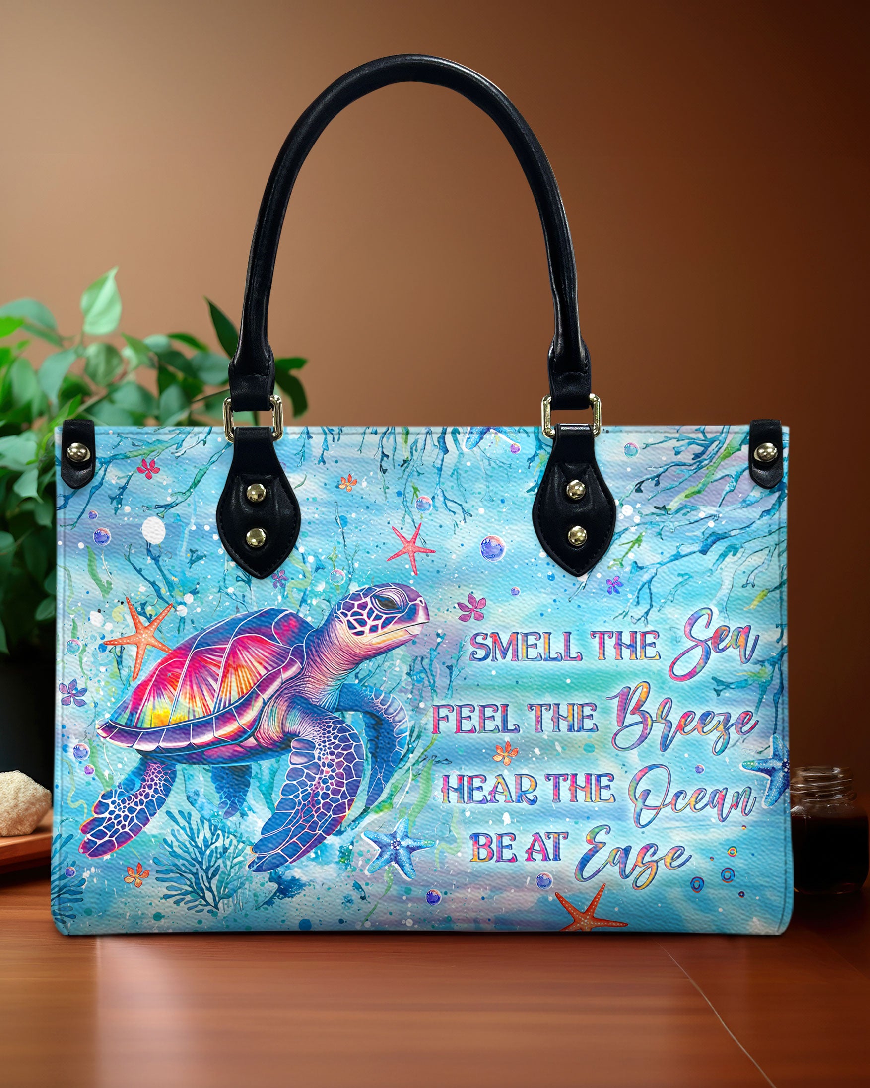 SMELL THE SEA FEEL THE BREEZE TURTLE LEATHER HANDBAG - YHLT0508244