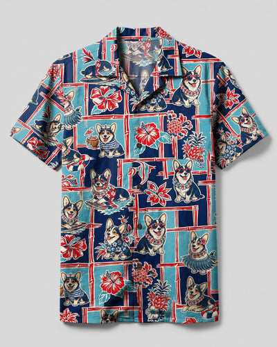 SUMMER CORGI DOG PATCHWORK CAMP SHIRT - TLHN0408264