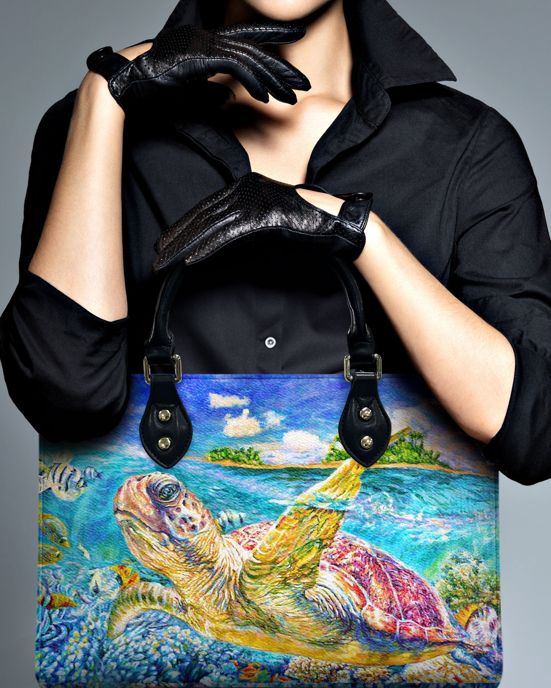 PAINTING TURTLE OCEAN LEATHER HANDBAG - YHHN1909244