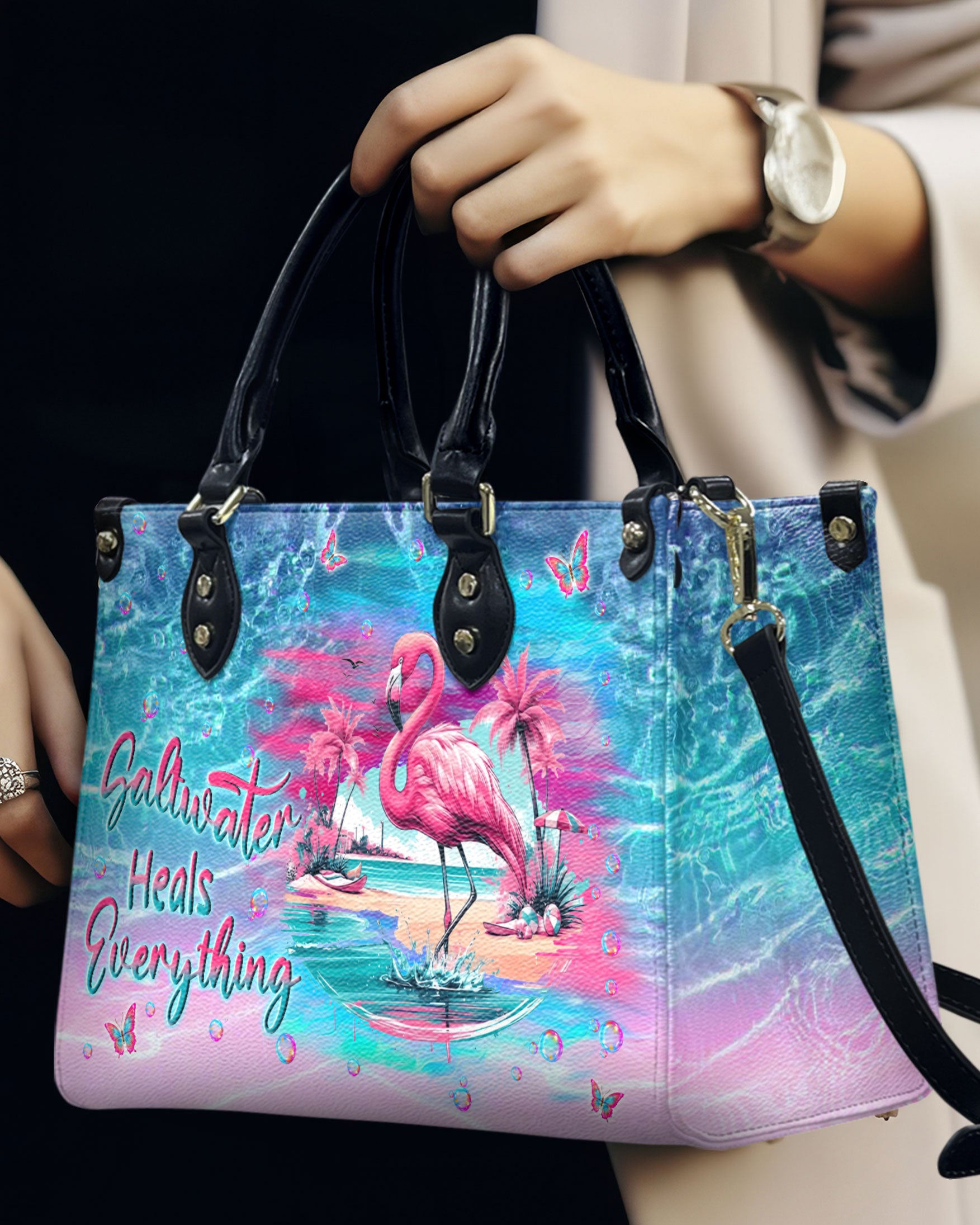 SALTWATER HEALS EVERYTHING FLAMINGO LEATHER HANDBAG - YHLN0212244