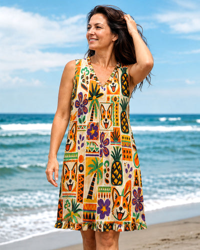 TROPICAL CORGI DOG PATCHWORK V-NECK TUNIC DRESS - TLHN1708266