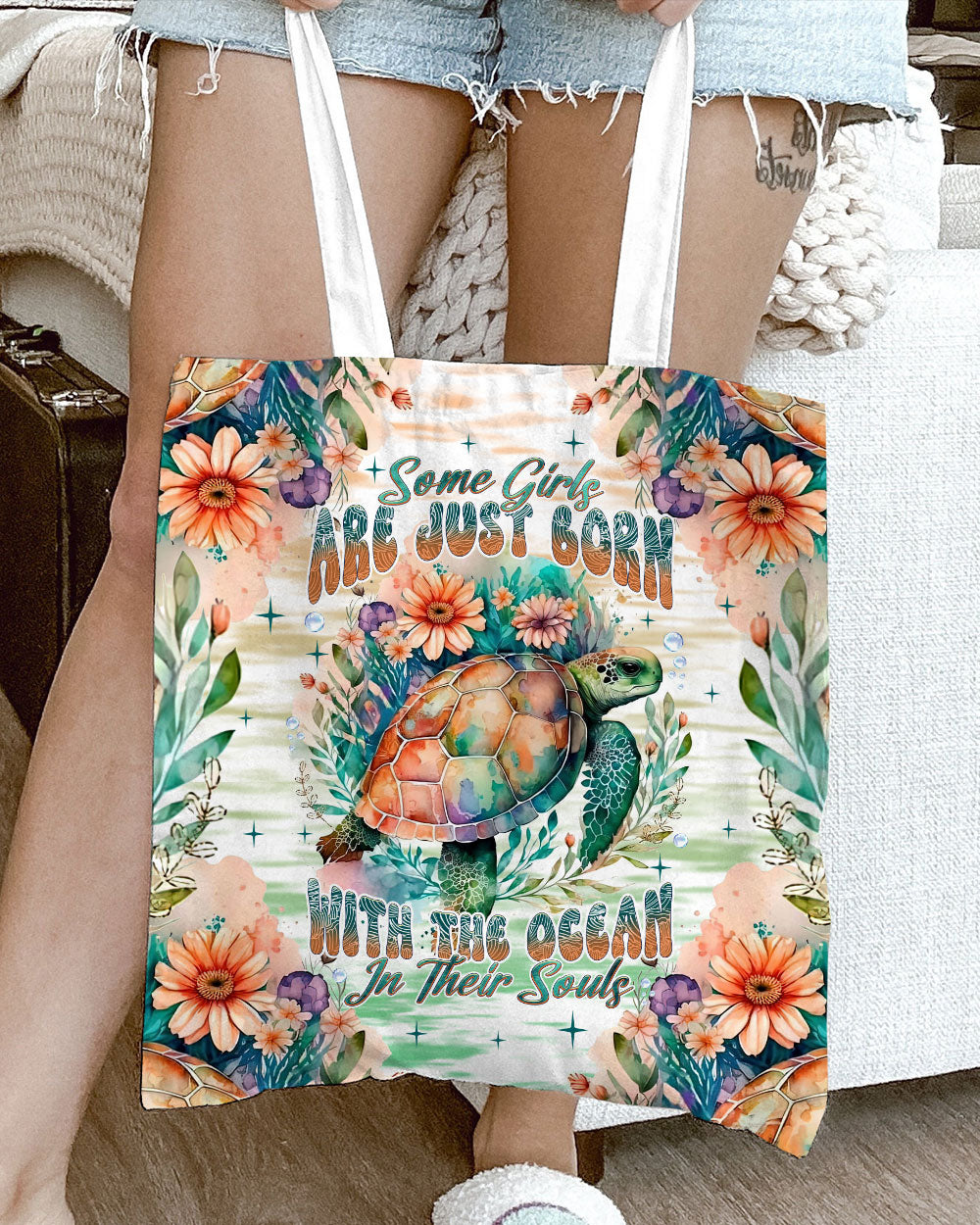 SOME GIRLS ARE JUST BORN TURLTE WATERCOLOR TOTE BAG - TLNT1104245