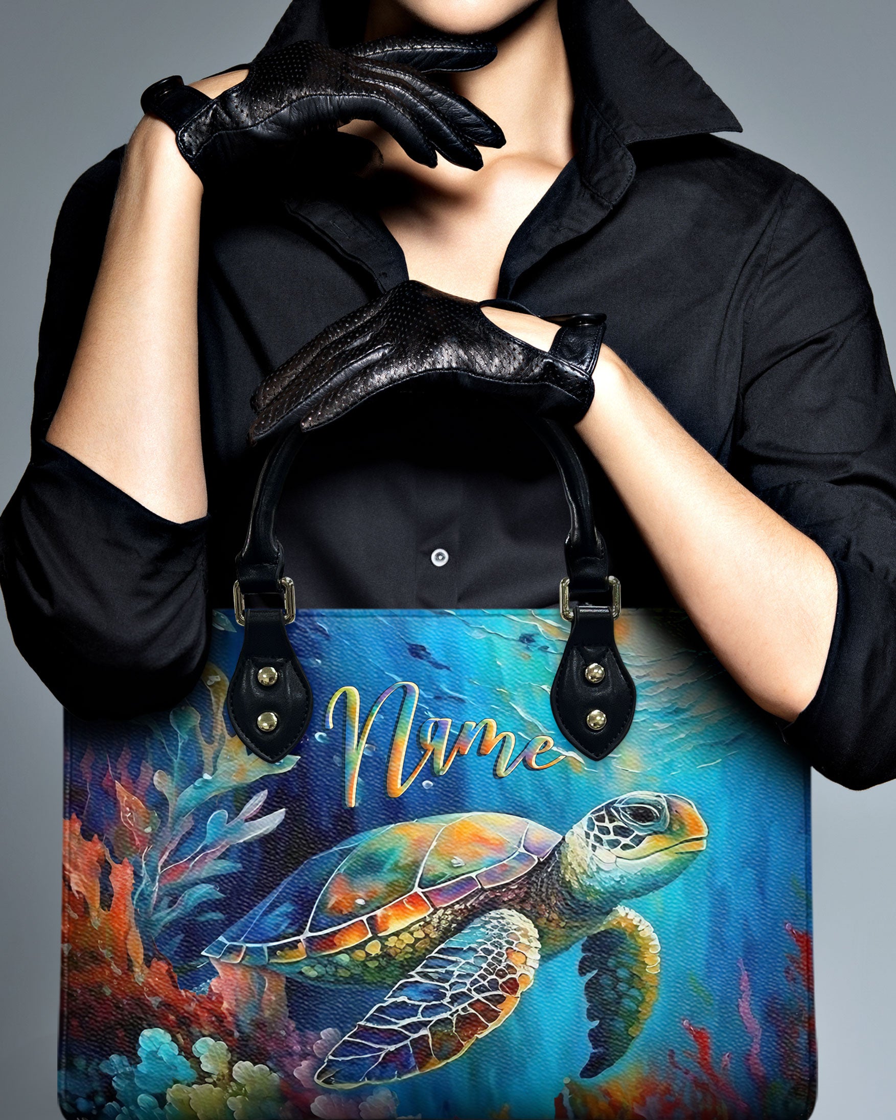 PAINTING OCEAN TURTLE  LEATHER HANDBAG - YHLT2811244