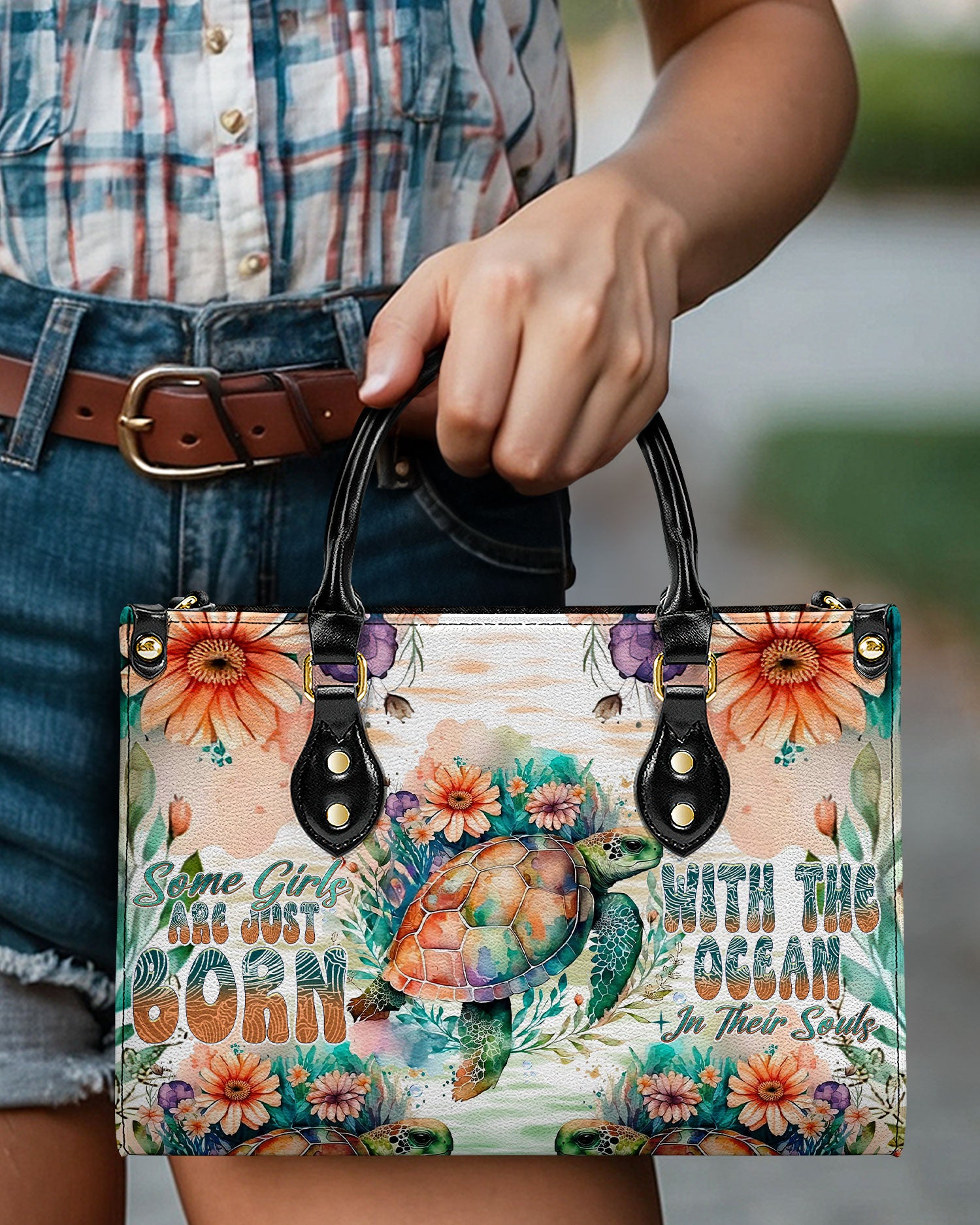SOME GIRLS ARE JUST BORN TURLTE WATERCOLOR LEATHER HANDBAG - TLNT1104247