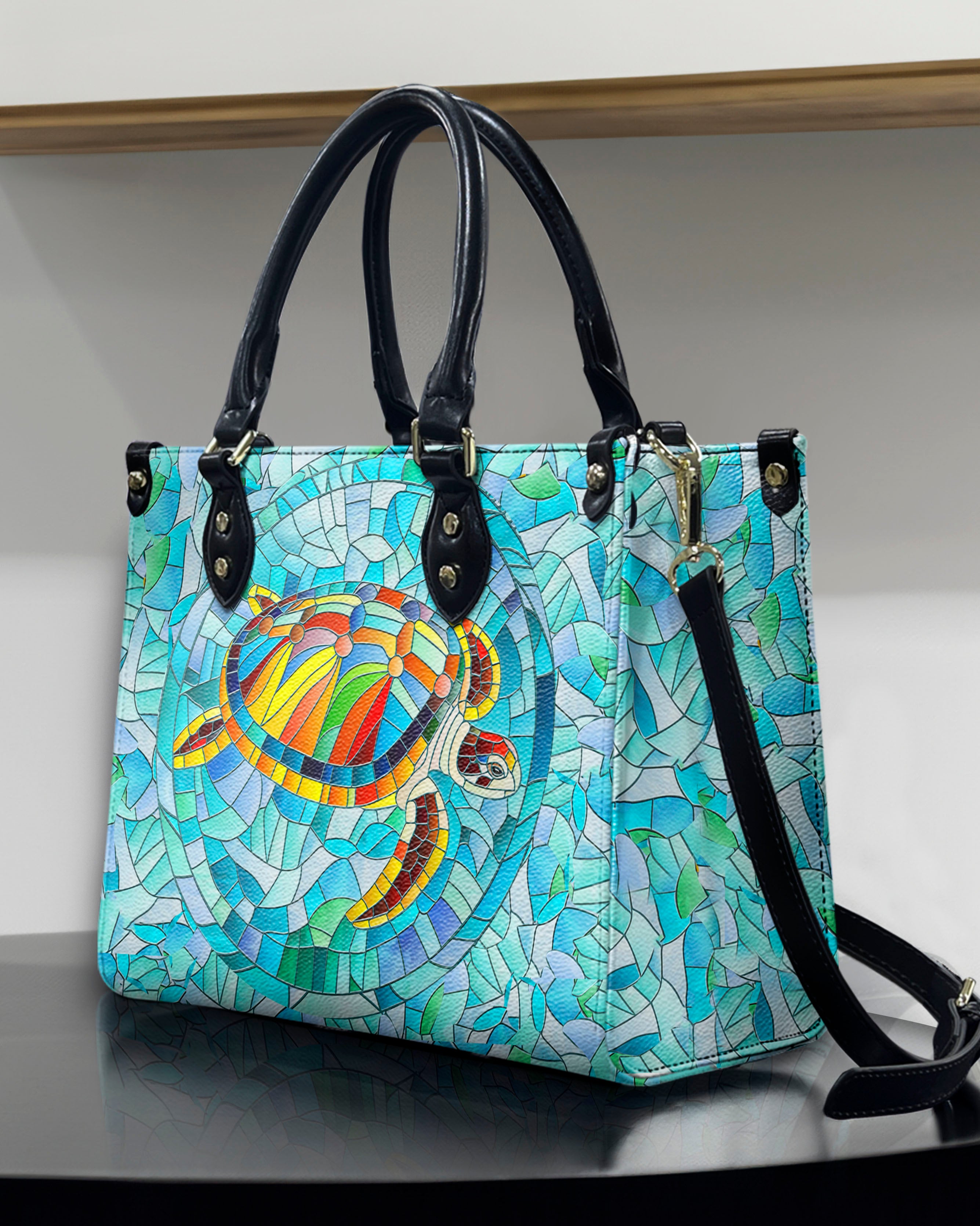 STAINED GLASS TURTLE LEATHER HANDBAG - YHHN1607244