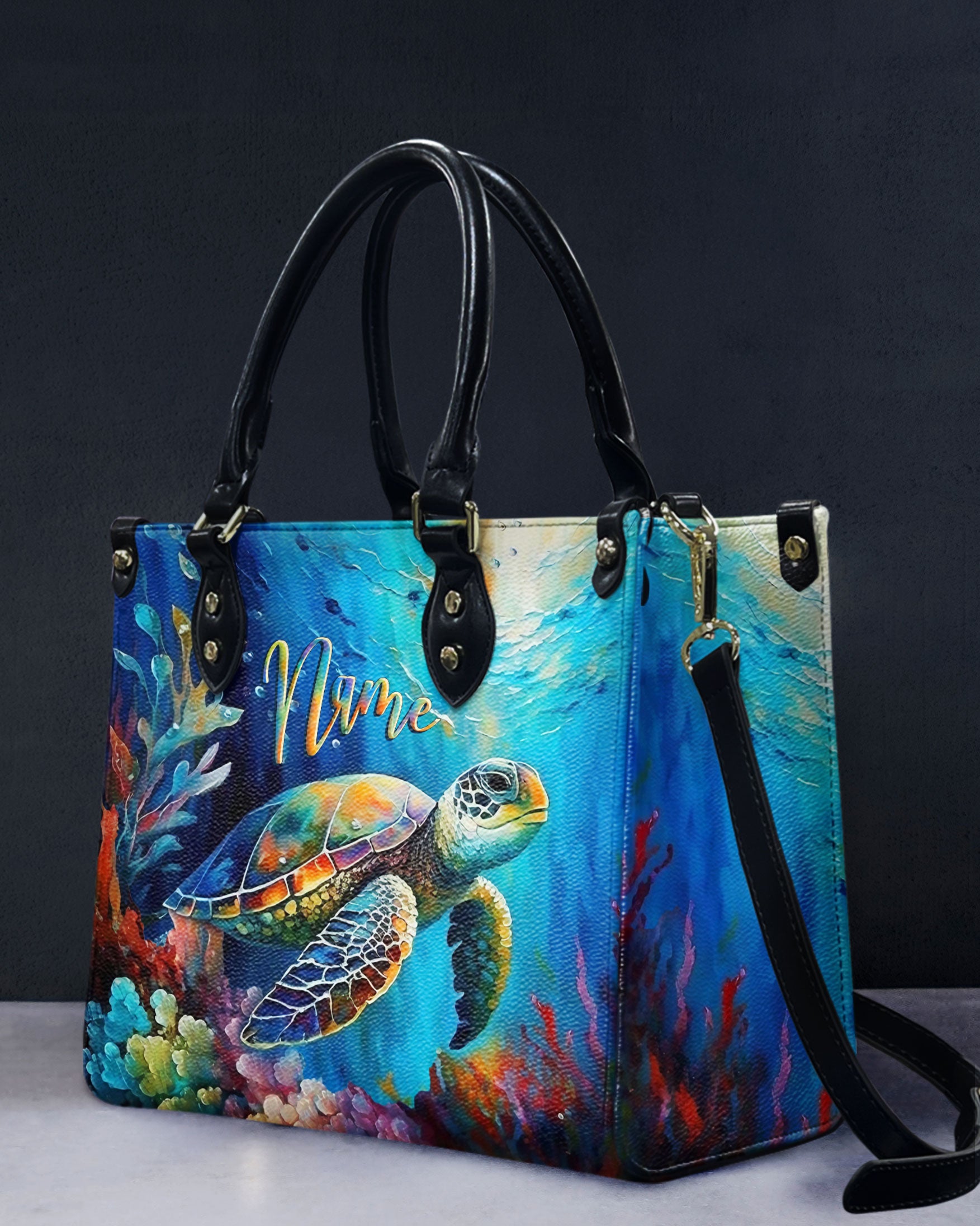 PAINTING OCEAN TURTLE  LEATHER HANDBAG - YHLT2811244