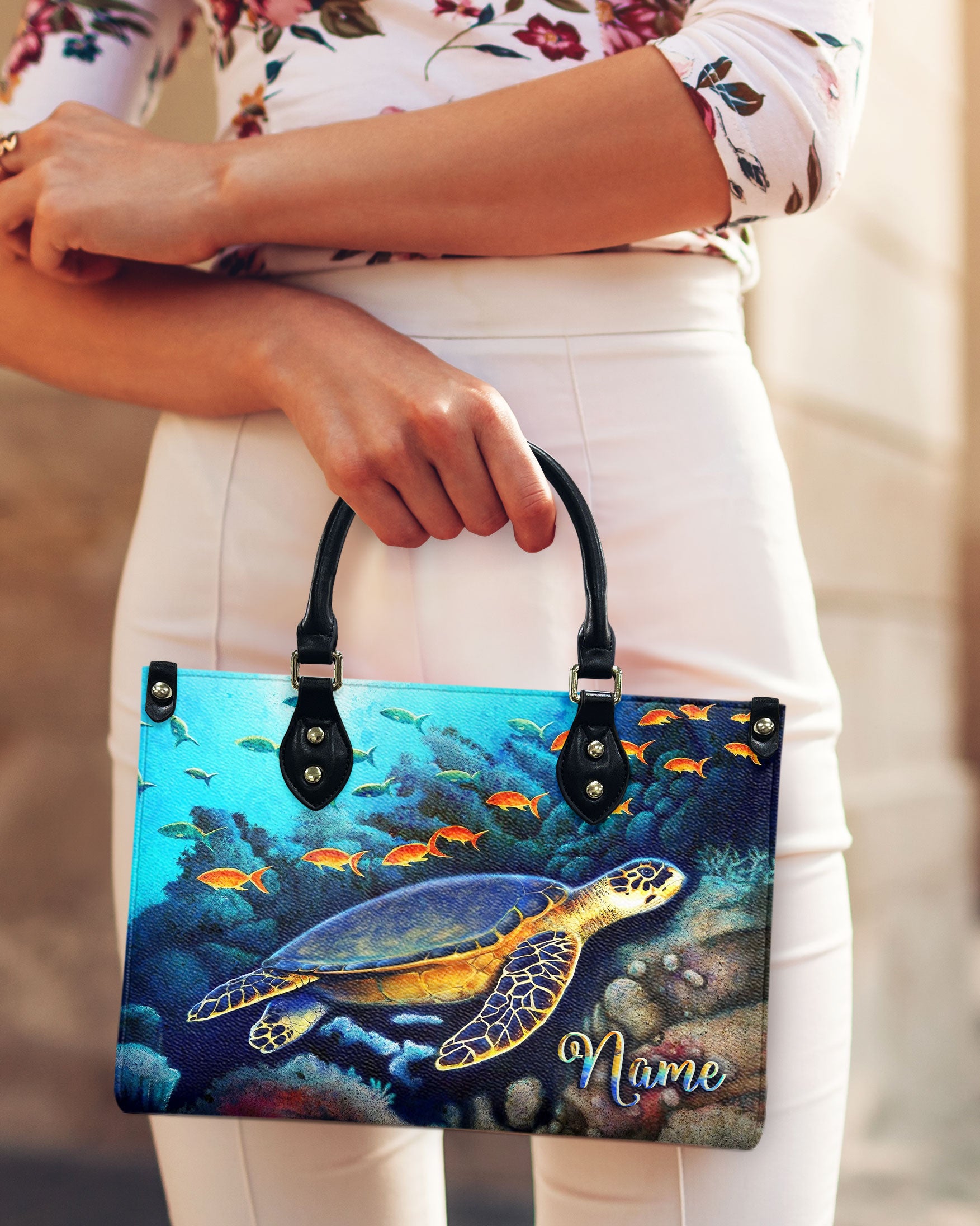 PAINTING TURTLE OCEAN LEATHER HANDBAG - YHLT2709244