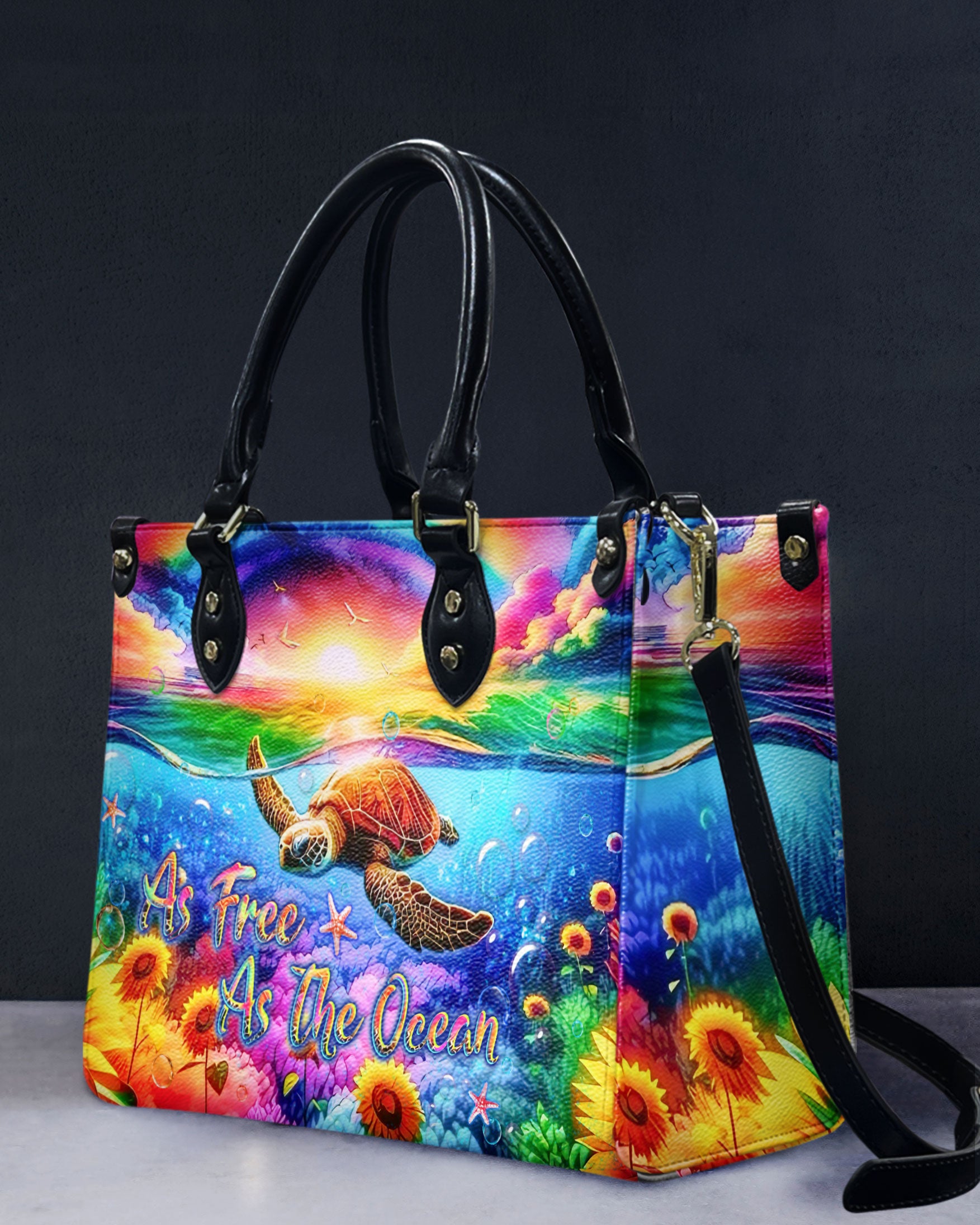 AS FREE AS THE OCEAN TURTLE SUNFLOWERS LEATHER HANDBAG - YHLT1507241