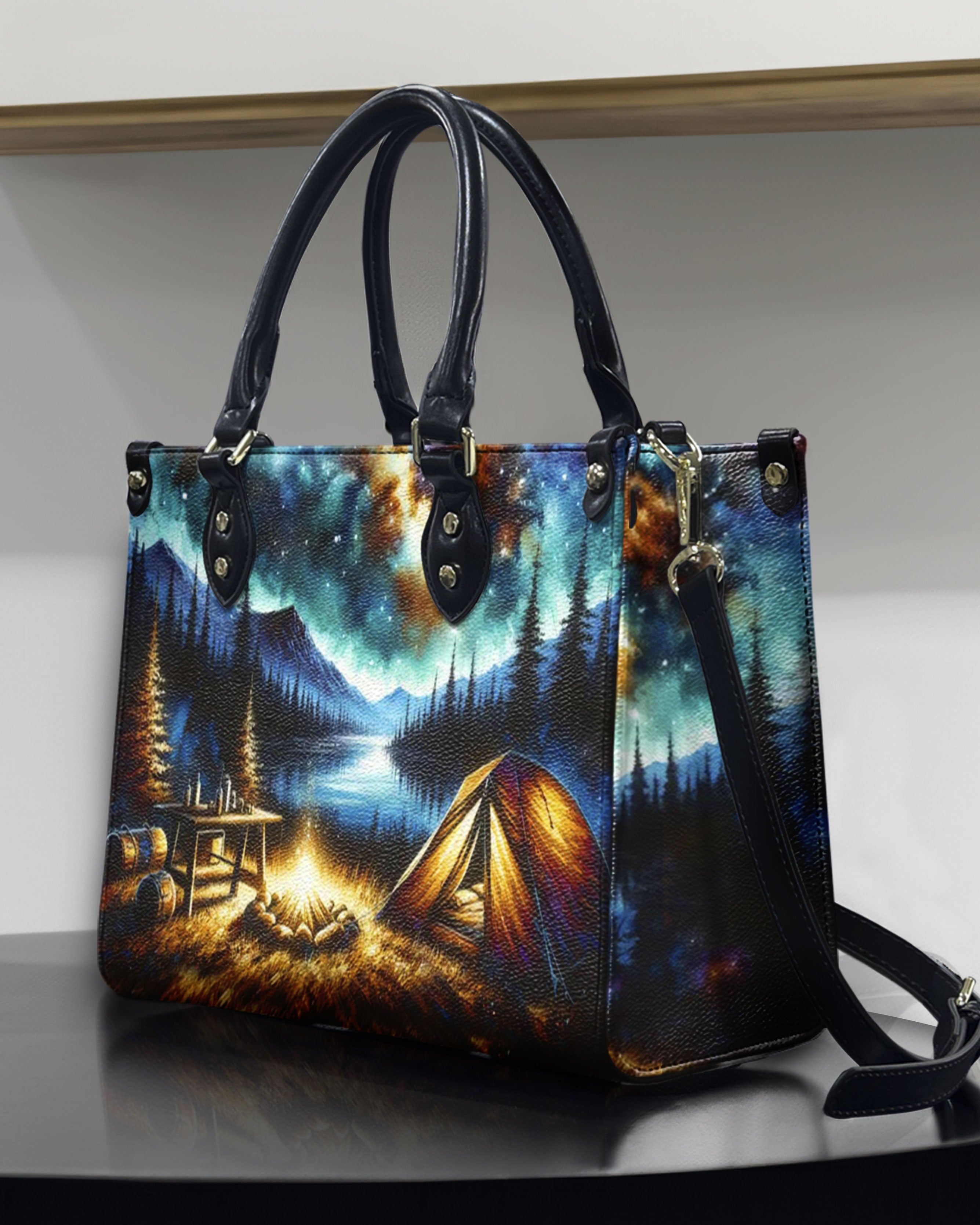 CAMPING SCENE UNDER STARRY NIGHT SKY LEATHER HANDBAG - YHHN1911244