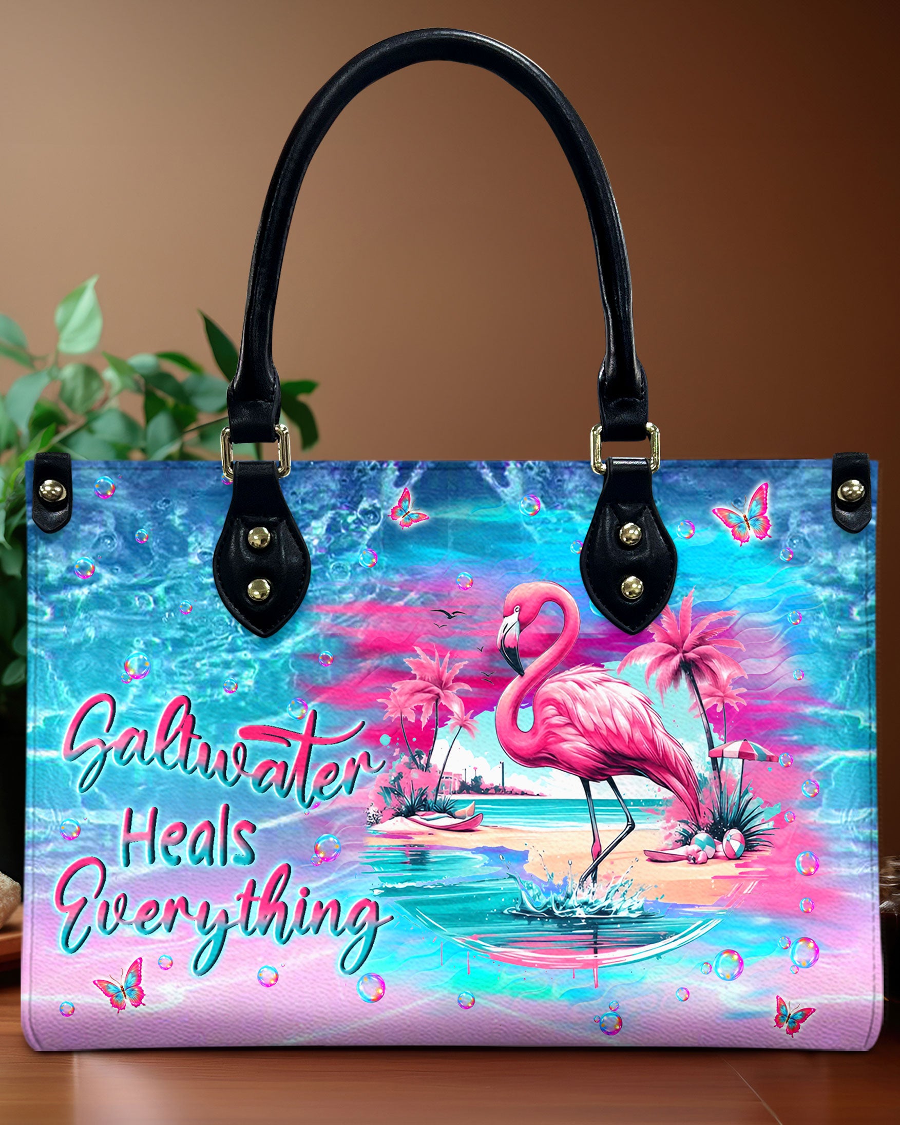 SALTWATER HEALS EVERYTHING FLAMINGO LEATHER HANDBAG - YHLN0212244