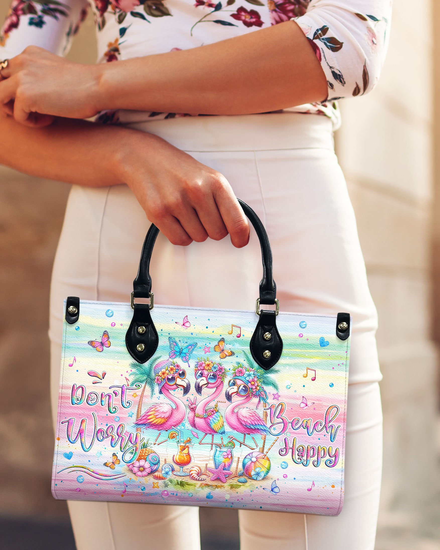 DON'T WORRY BEACH HAPPY FLAMINGO LEATHER HANDBAG - YHLT2507243