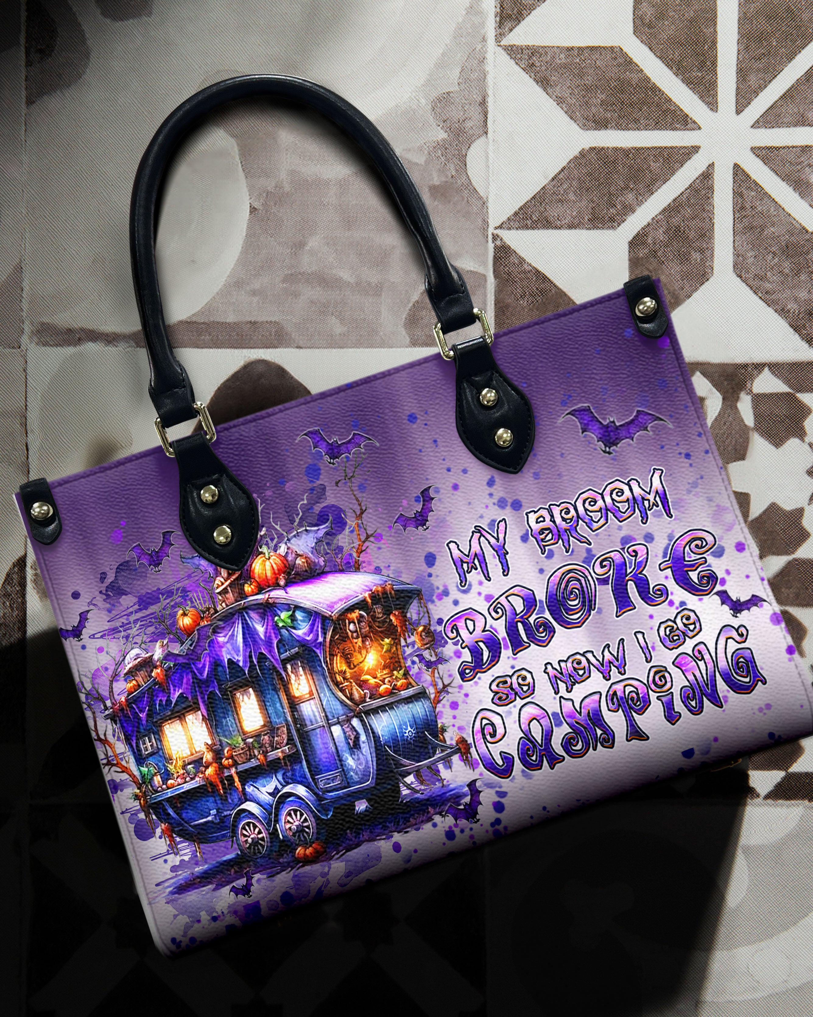 MY BROOM BROKE CAMPING HALLOWEEN LEATHER HANDBAG - YHHN1109244