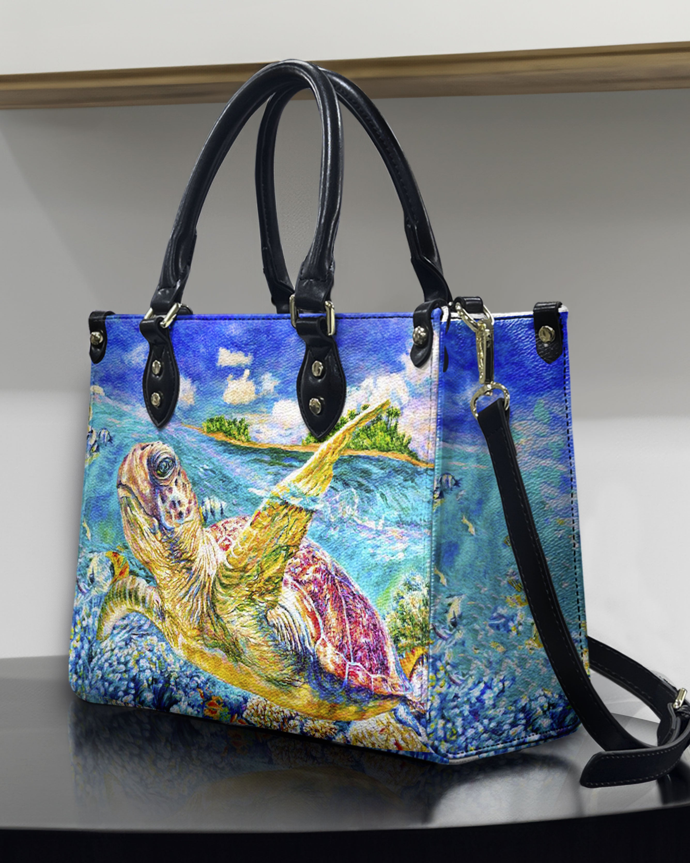 PAINTING TURTLE OCEAN LEATHER HANDBAG - YHHN1909244