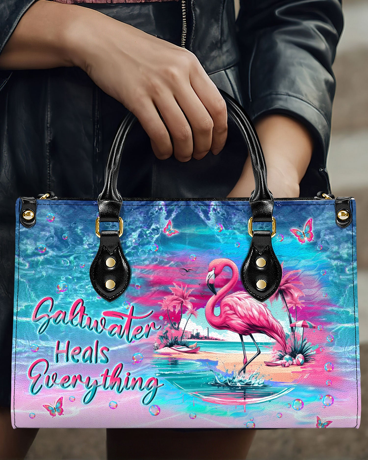 SALTWATER HEALS EVERYTHING FLAMINGO LEATHER HANDBAG - YHLN0212244