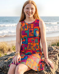 TROPICAL SEA TURTLE AND WAVES PATCHWORK FLOUNCE DRESS  - TLHN0308263