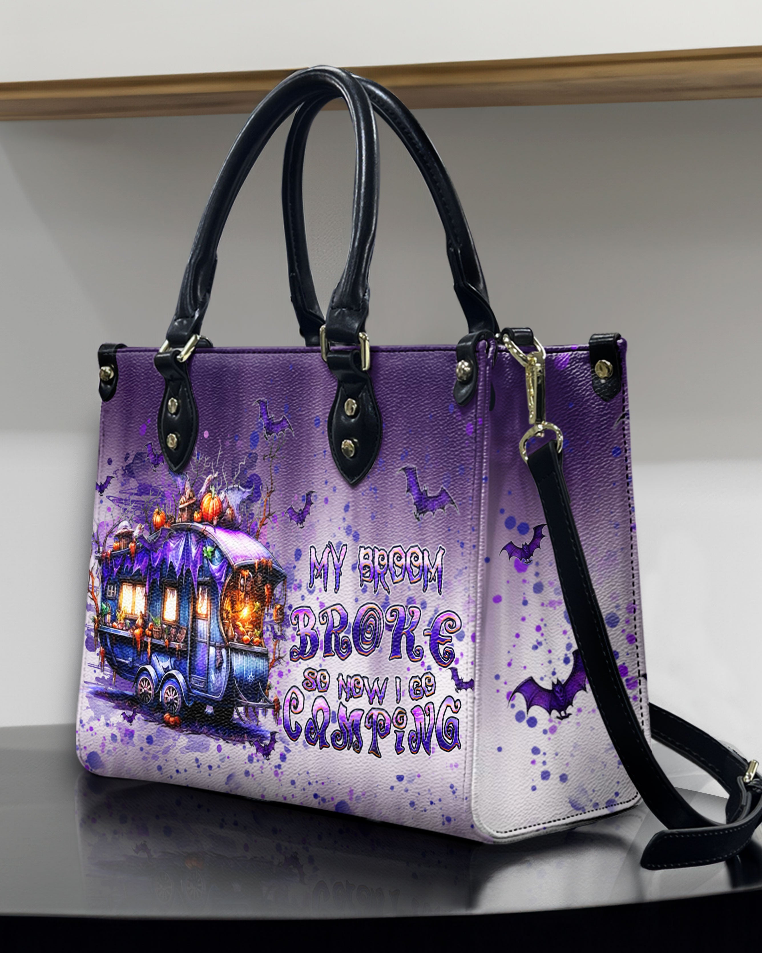 MY BROOM BROKE CAMPING HALLOWEEN LEATHER HANDBAG - YHHN1109244