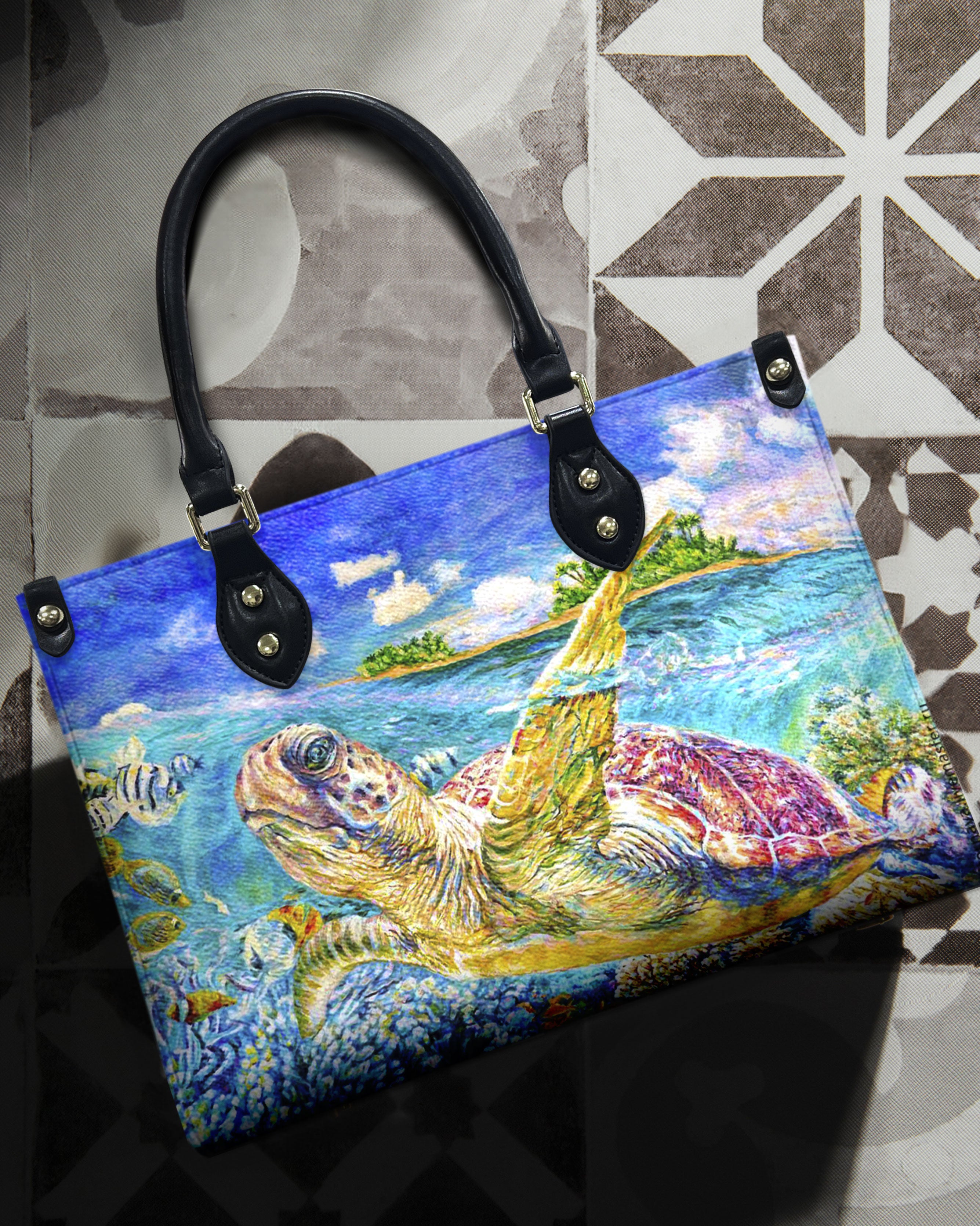 PAINTING TURTLE OCEAN LEATHER HANDBAG - YHHN1909244