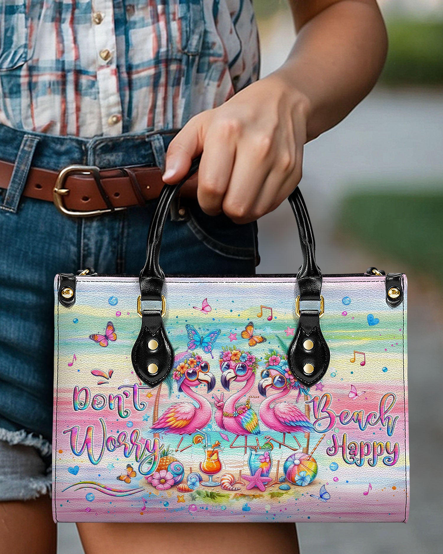 DON'T WORRY BEACH HAPPY FLAMINGO LEATHER HANDBAG - YHLT2507243