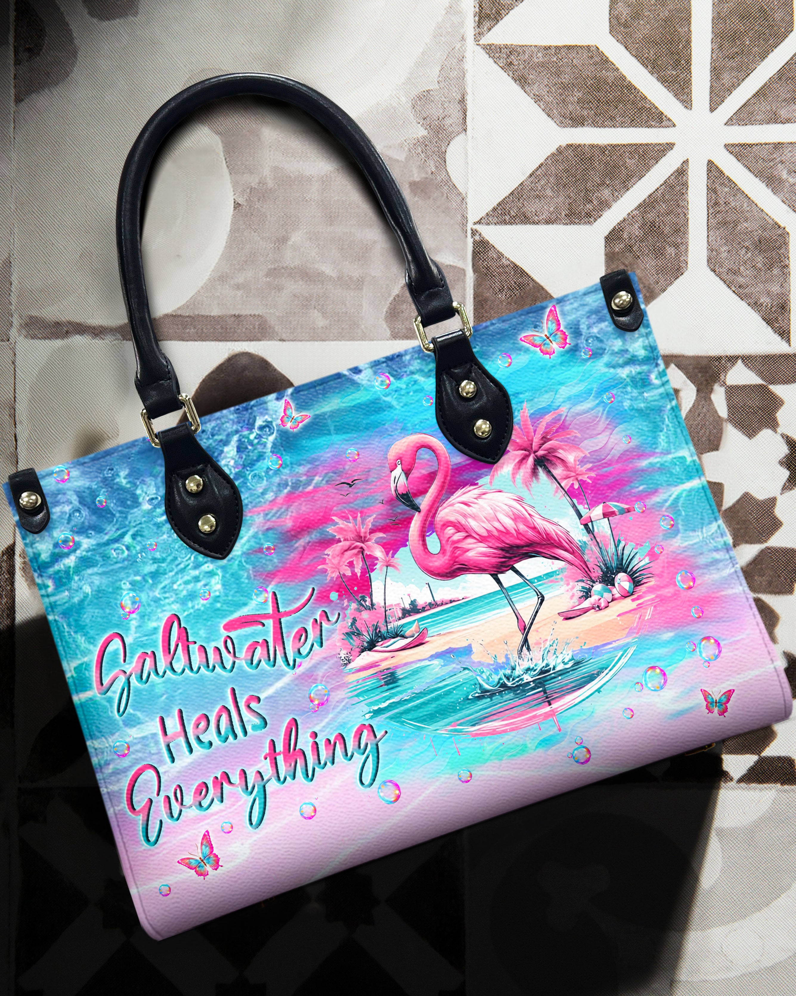 SALTWATER HEALS EVERYTHING FLAMINGO LEATHER HANDBAG - YHLN0212244