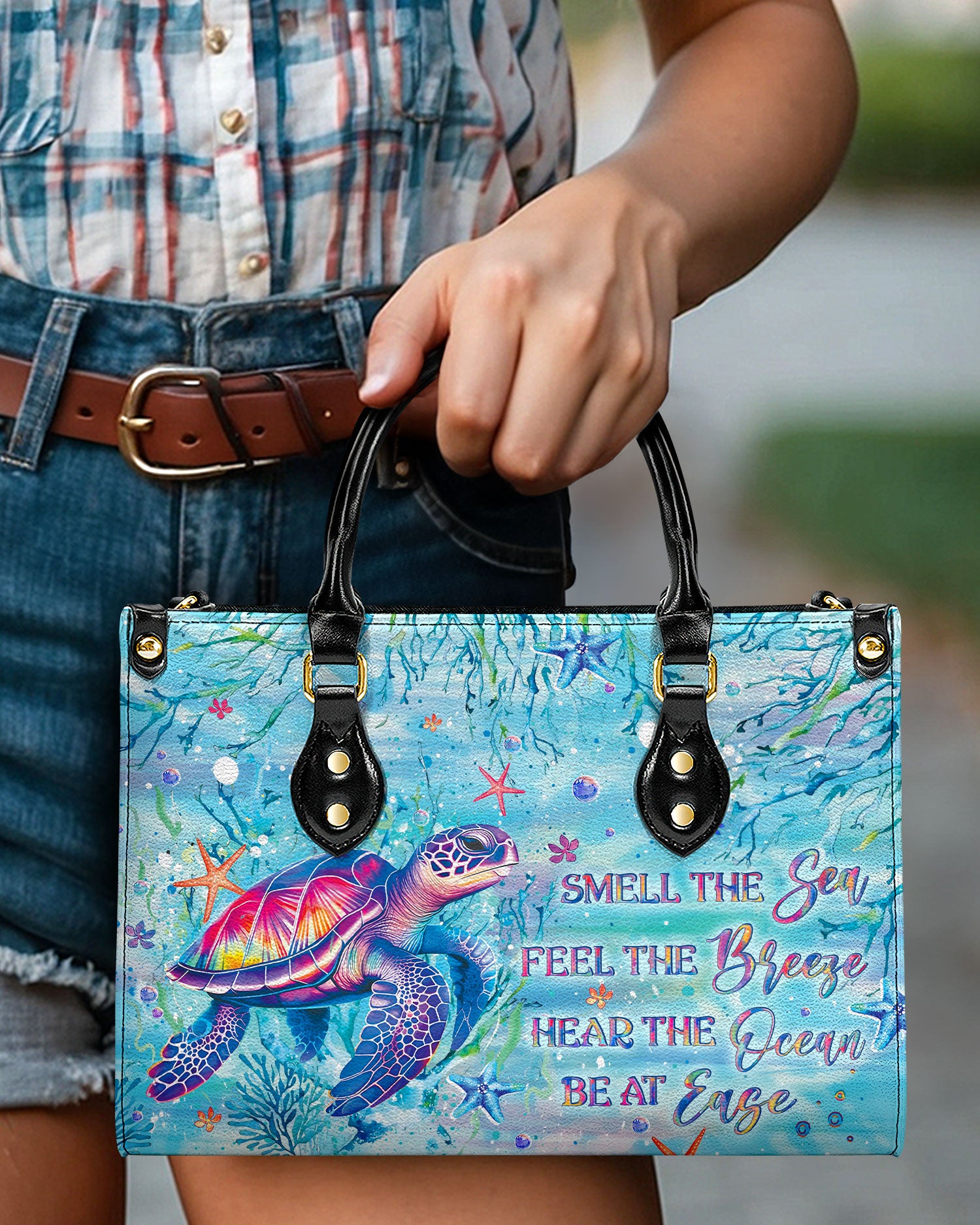 SMELL THE SEA FEEL THE BREEZE TURTLE LEATHER HANDBAG - YHLT0508244