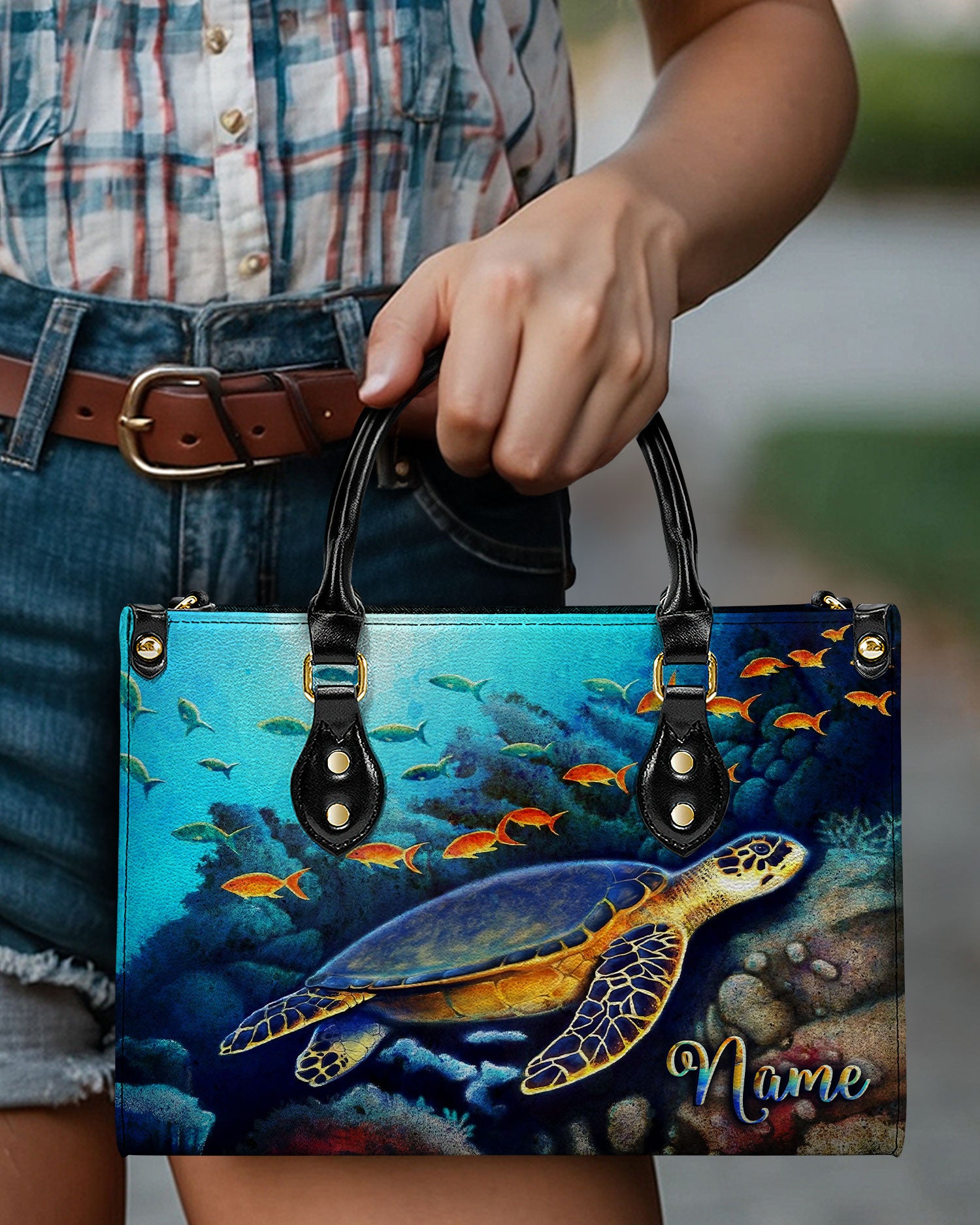 PAINTING TURTLE OCEAN LEATHER HANDBAG - YHLT2709244