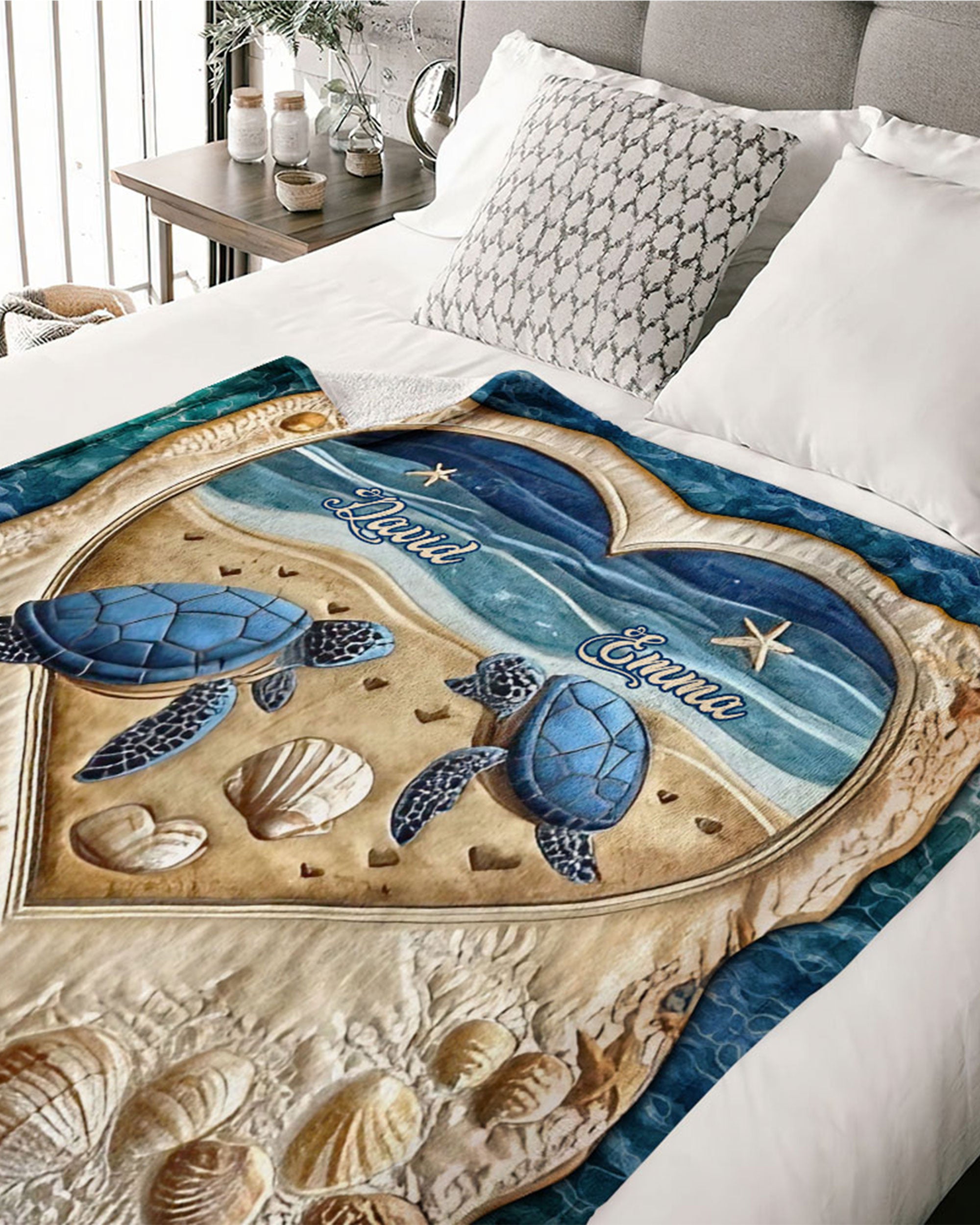 PERSONALIZED COUPLE TURTLE LOVE BEACH FLEECE BLANKET - YHHG1102254