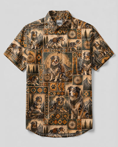 VINTAGE COMPASS AUSTRALIAN SHEPHERD DOG PATCHWORK BUTTON-DOWN COLLAR SHIRT - TLTW2608269