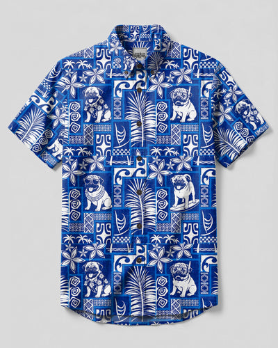 PUG DOG BLUE LAGOON PATCHWORK BUTTON-DOWN COLLAR SHIRT - TLTW1008265