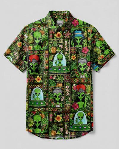 NEON ALIEN TROPICAL PATCHWORK BUTTON-DOWN COLLAR SHIRT - TLTW2008263