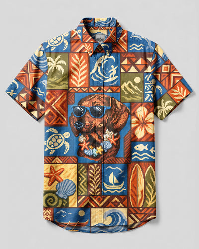 DACHSHUND DOG 8BIT ART TROPICAL PATCHWORK BUTTON-DOWN COLLAR SHIRT - TYLN1908264