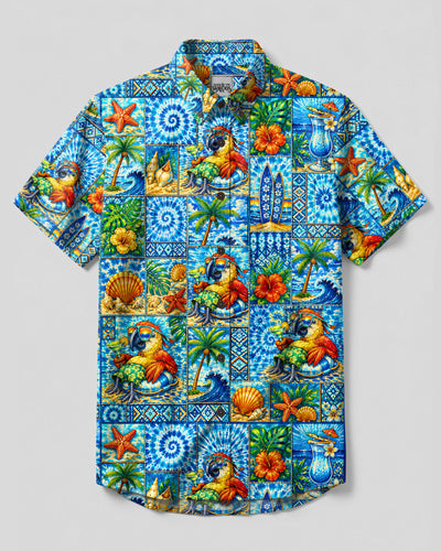 TROPICAL PARROT PARADISE PATCHWORK BUTTON-DOWN COLLAR  SHIRT - TLTW2408262