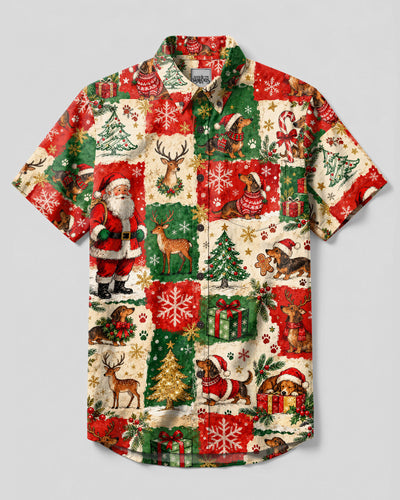 DACHSHUND DOG VINTAGE CHRISTMAS PATCHWORK BUTTON-DOWN COLLAR SHIRT  - TLTW0210265
